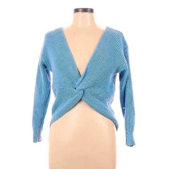 Zaful Sweaters - Zaful Pastel Blue Fisherman Sweater Ribbed V-Neck Knot Front Pullover, Size L